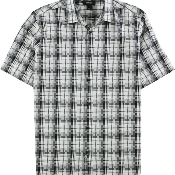 Alfani Mens Geo-Plaid Button Up Shirt, Black, Small