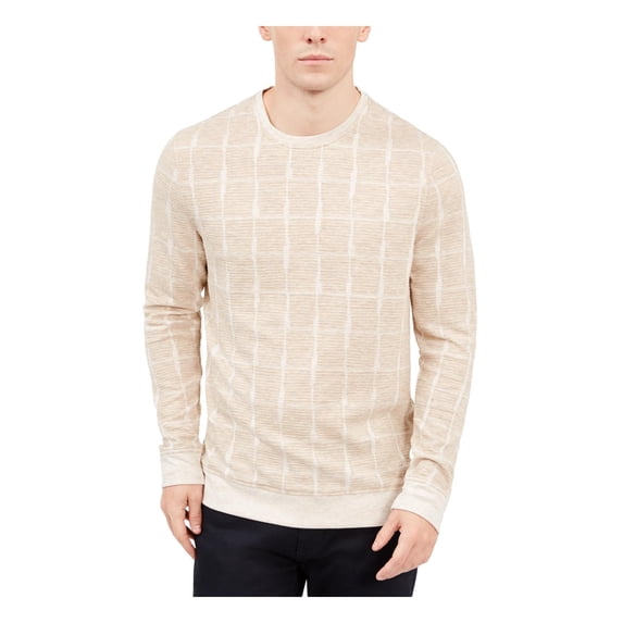Alfani Mens Jacquard Grid Pullover Crewneck Sweater Tan XL