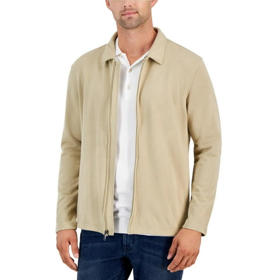 Alfani Mens Knitwear Harrington Zip Field Jacket, Beige, Small