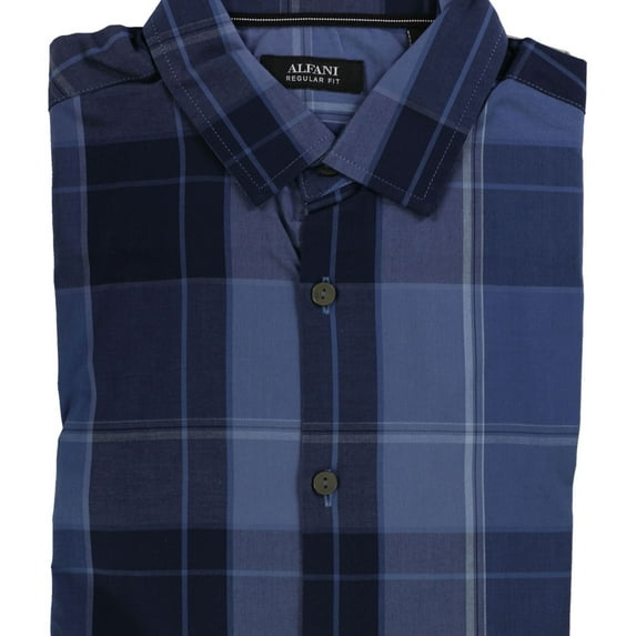 Alfani Mens Plaid LS Button Up Shirt, Blue, Small