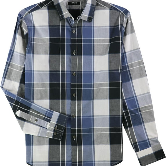 Alfani Mens Plaid LS Button Up Shirt, White, Small