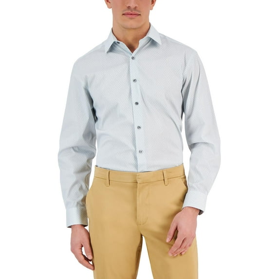 Men's Regular Fit 2-Way Stretch Stain Resistant Honeycomb Dress Shirts White Teal 15-15 12 34-35