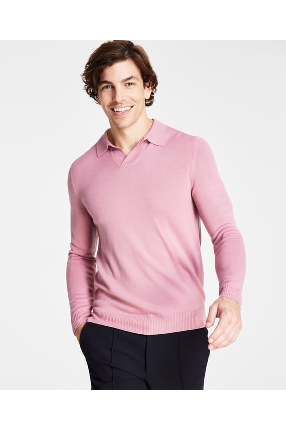 Mens Regular Fit Johnny Collar Long Sleeve Polo Sweater Rose Pink XXL