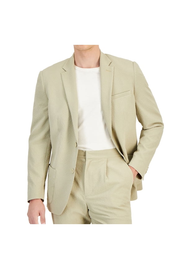 Mens Textured Seersucker Two Button Blazer Jacket, Beige, Medium