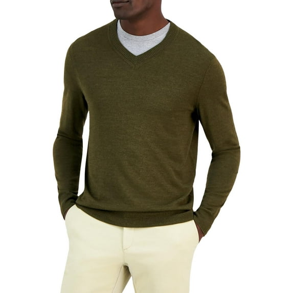 Alfani Mens Ribbed Trim Extra Fine Merino Wool V-Neck Sweater