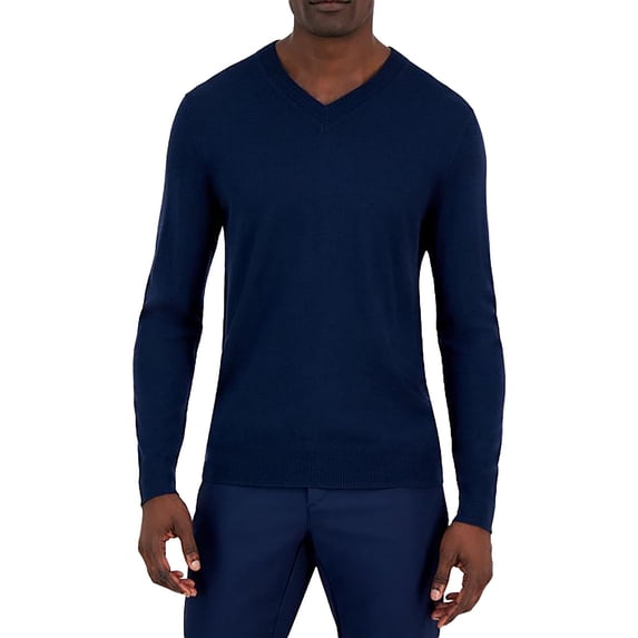 Alfani Mens Ribbed Trim Extra Fine Merino Wool V-Neck Sweater
