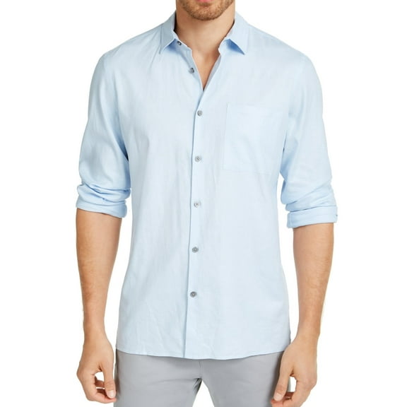 Alfani Mens Shirt Classic Small Solid Linen Button Down Blue S