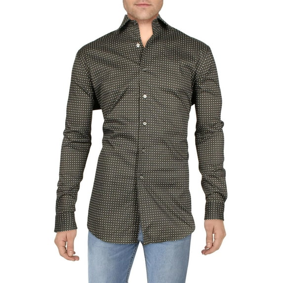 Alfani Mens Slim Fit 2 Way Stretch Stain Resistant Dress Shirt Black Tan 34-35