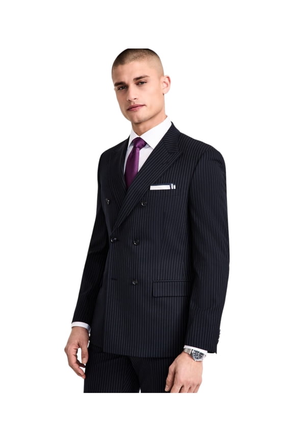 Mens Slim-Fit Pinstripe Double-Breasted Suit Jacket Blazer 44R Navy Blue