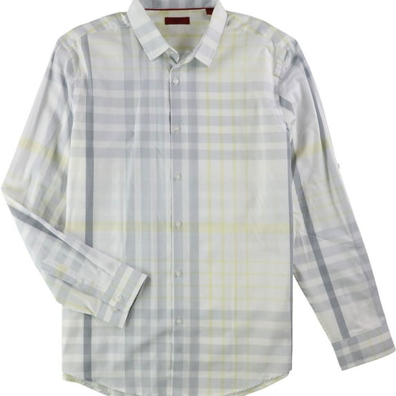Alfani Mens Slim-Fit Plaid Button Up Shirt, Yellow, X-Large