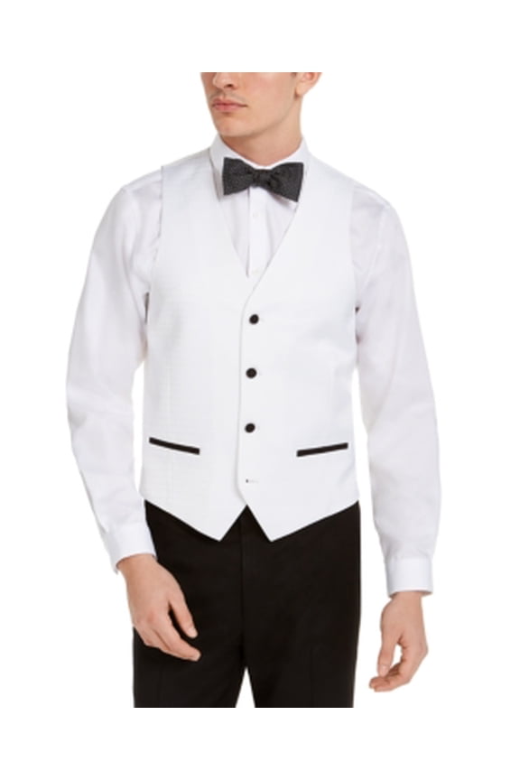 Mens Slim fit Button-Up Suit Vest Large White Solid Stretch