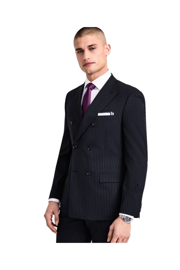 Mens Slim fit Double Breasted Suit Jacket Blazer 42 L Blue Striped