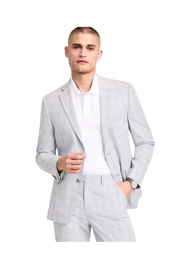 Mens Slim fit Suit Jacket Blazer 42 S Light Grey Plaid Stretch