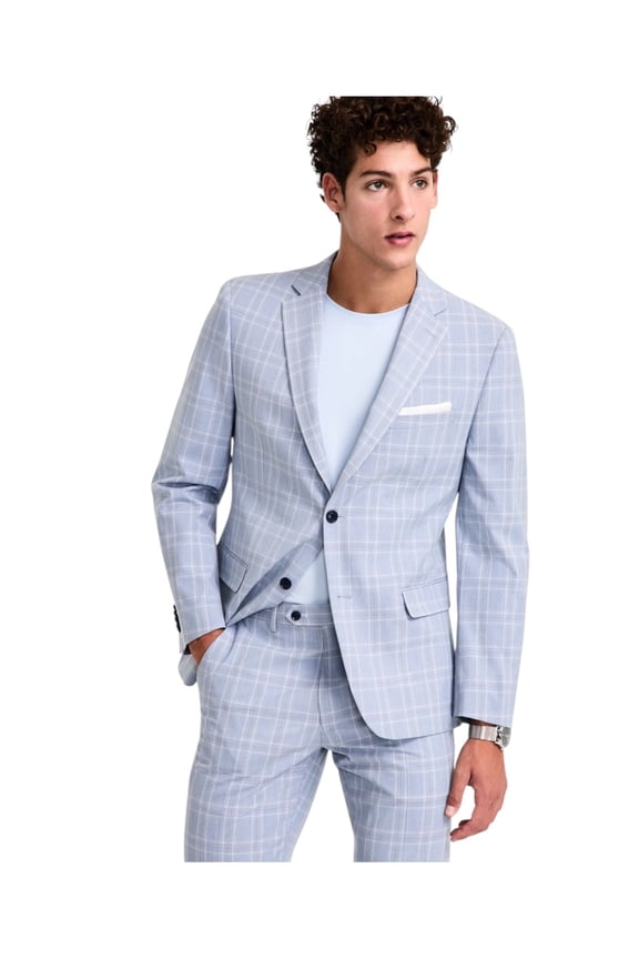 Mens Slim fit Suit Jacket Blazer 44 L Light Blue Plaid Stretch