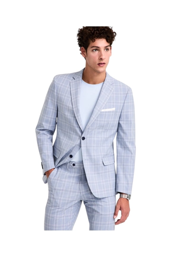 Mens Slim fit Suit Jacket Blazer 46 R Light Blue Plaid Stretch