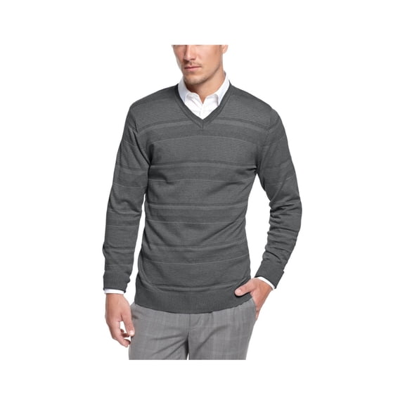 Alfani Mens V Neck Knit Pullover Sweater, Grey, Small