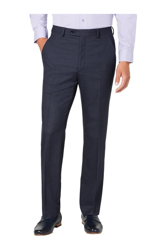 Mens Navy Stretch, Windowpane Plaid Slim Fit Pants 34W/ 32L