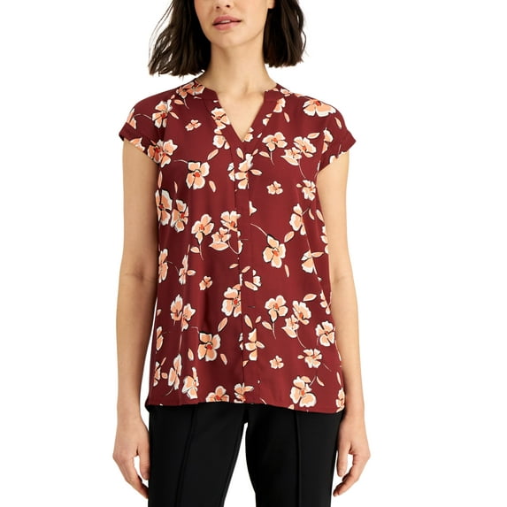 Alfani Mixed Media Cap Sleeve Top Floral Crimson L