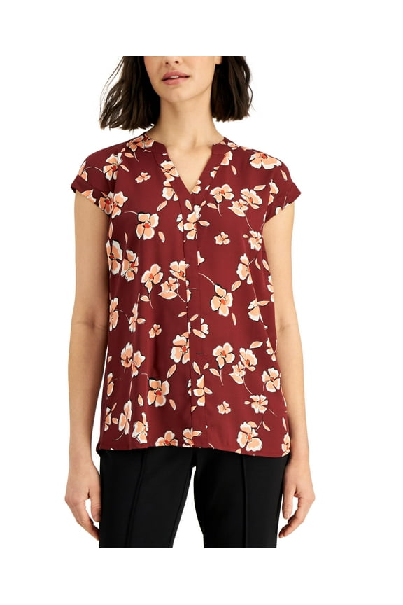 Mixed Media Cap Sleeve Top Floral Crimson L