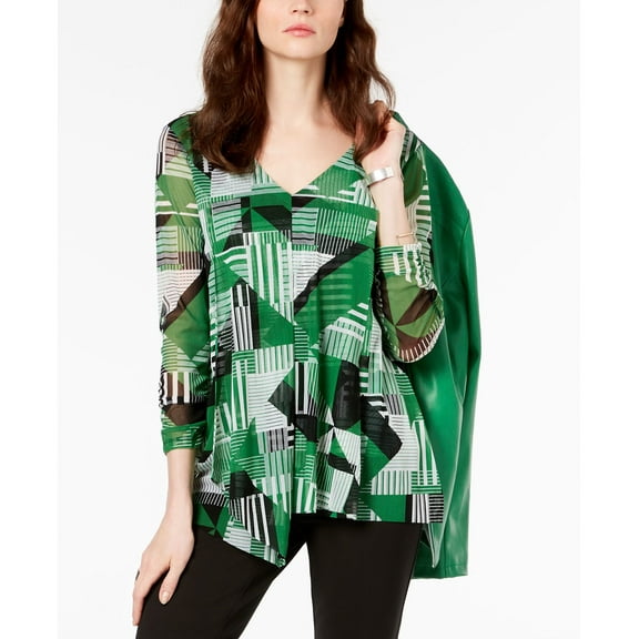 Alfani Petite Draped 3/4 Sleeve Top Grn Striped Geo PS
