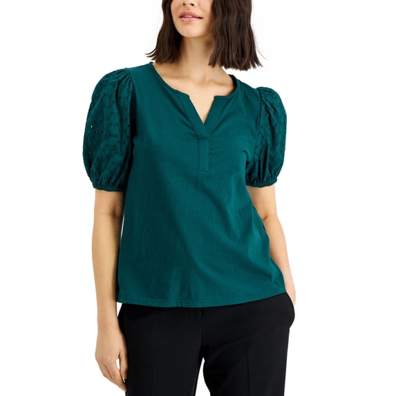 Alfani Petite Eyelet Puff Sleeve Top Rain Forest PM