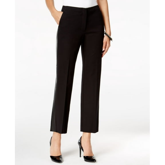 Alfani Petite Faux-Leather-Trim Straight-Leg Pants Deep Black 8P