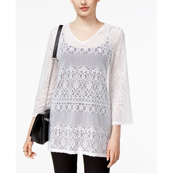 Alfani Petite Lace Tunic Bright White PXL