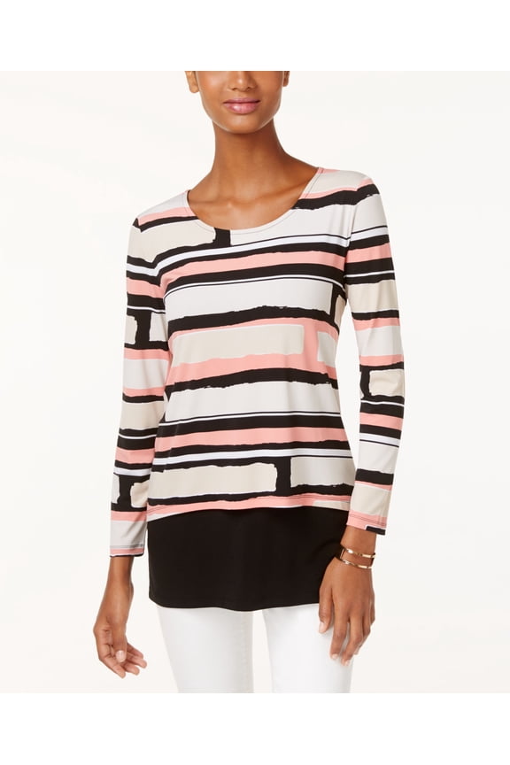 Petite Layered-Look Printed Top Lg Abs Strk Lob PS