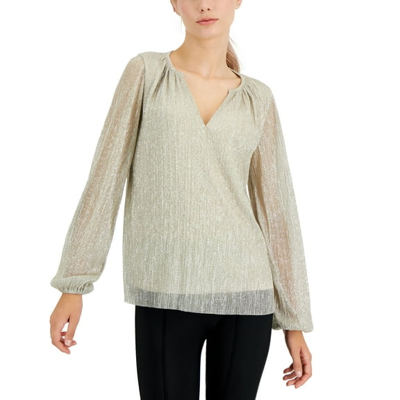 Alfani Petite Metallic Peasant Top Light Gold PL