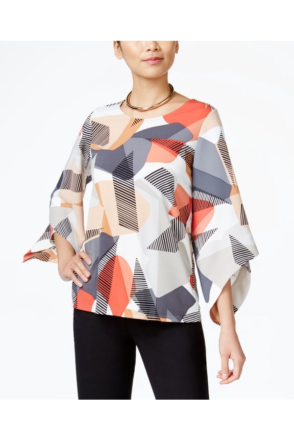 Petite Printed Angel Sleeve Top Geo Coral Reef PXS
