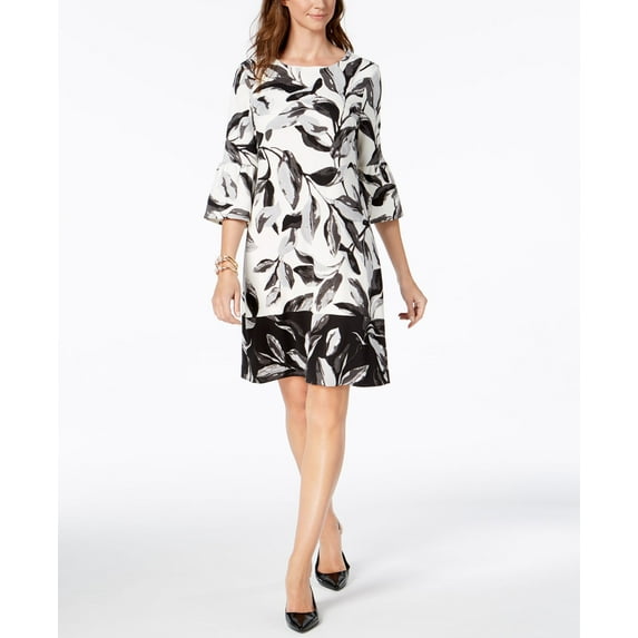 Alfani Petite Printed Bell Sleeve Shift Dress Black Bot Leaves 4P