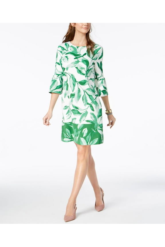 Petite Printed Bell Sleeve Shift Dress Green Bot Leaves 4P