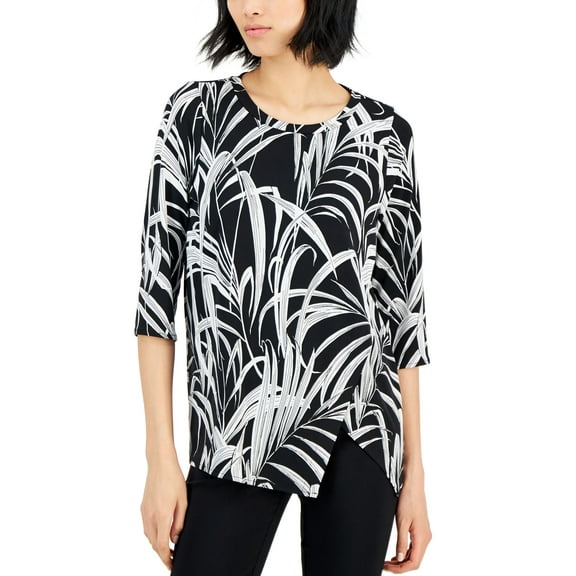 Alfani Petite Printed Crossover Hem Tunic Top Deep Black PL
