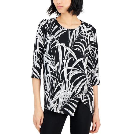 Alfani Petite Printed Crossover Hem Tunic Top Deep Black PM