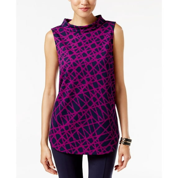 Alfani Petite Printed Funnel-Neck Top Painted Iris Web PXS