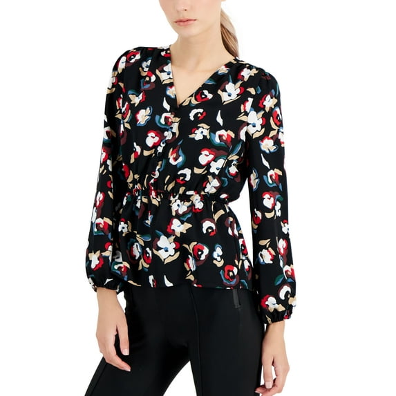 Alfani Petite Printed Smocked Peplum Top Deep Black Floral PS