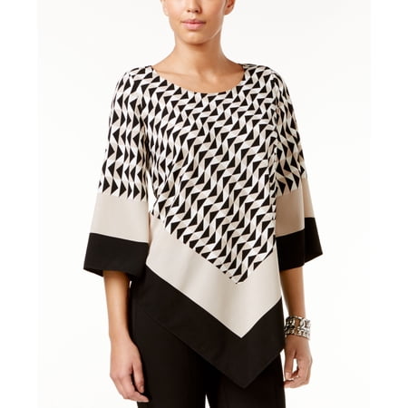 Alfani Petite Printed V Hem Blouse Geometric Black 10P