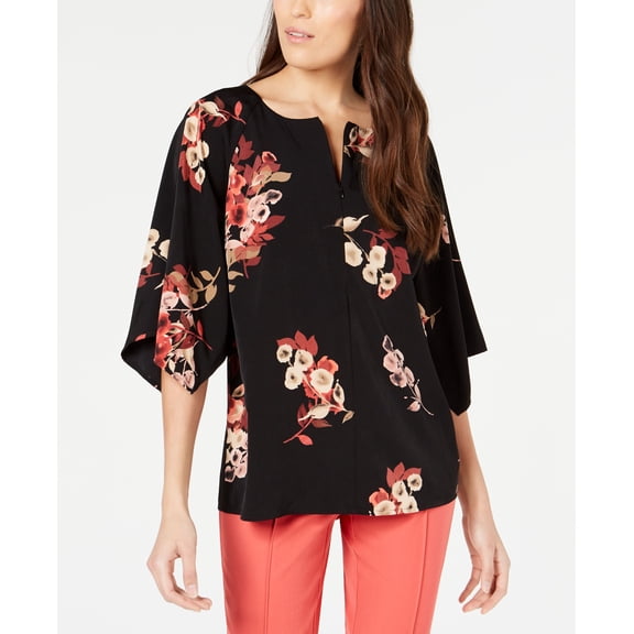 Alfani Petite Printed Zip Front Top Black Waterdrop Bud PL