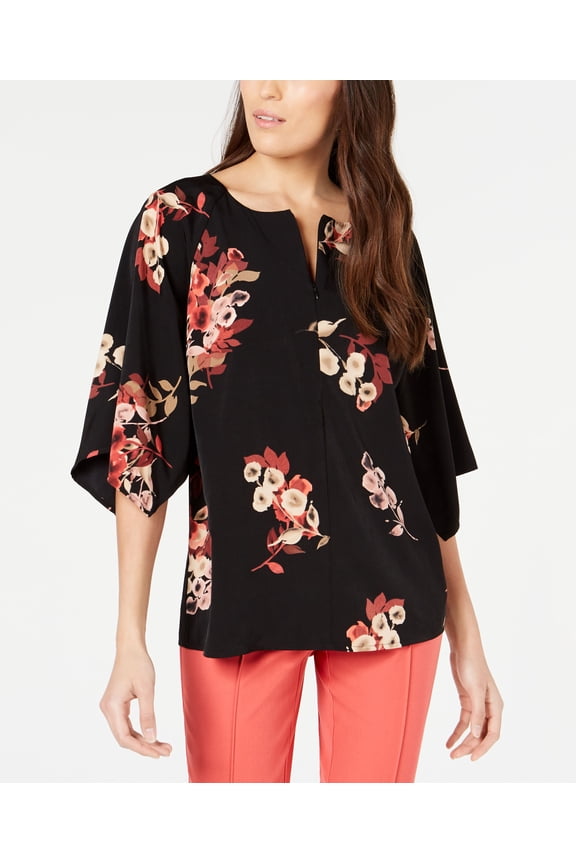 Petite Printed Zip Front Top Black Waterdrop Bud PL
