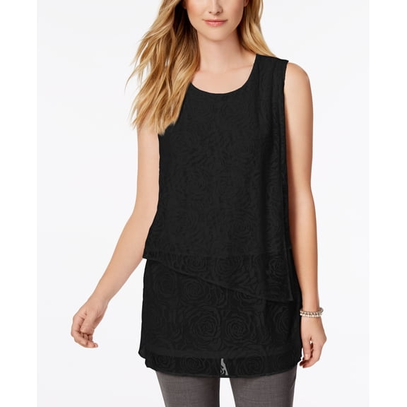 Alfani Petite Tiered Hem Burnout Top Deep Black PM