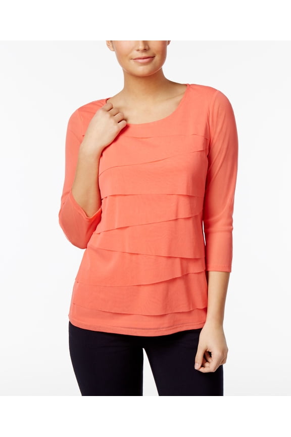 Petite Tiered Mesh Illusion Sleeve Top Tropical Reef PM