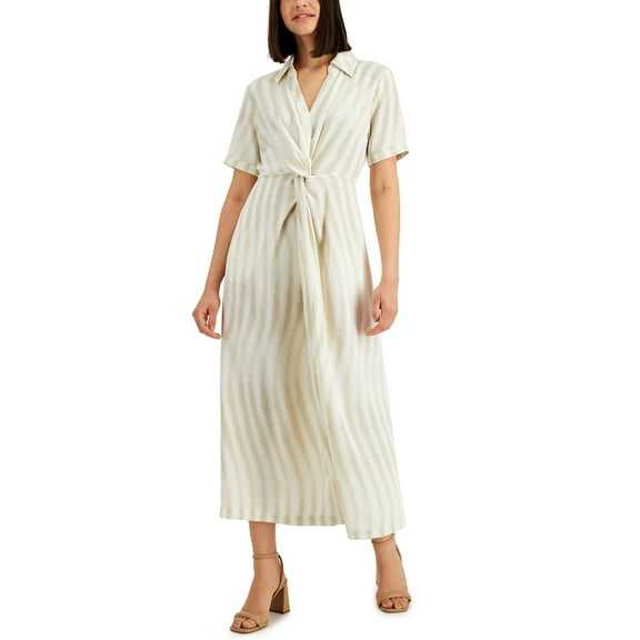 Alfani Petite Twist Front Maxi Shirtdress Oat Warm Wave 10P