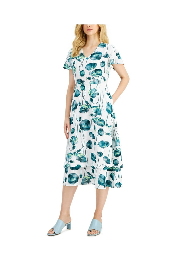 Petite V Neck Flutter Sleeve Midi Dress Cal Trans Peony 0P