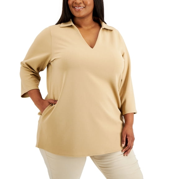 Alfani Plus Size 3/4 Sleeve Collared Tunic Top Fresh Almond 3X