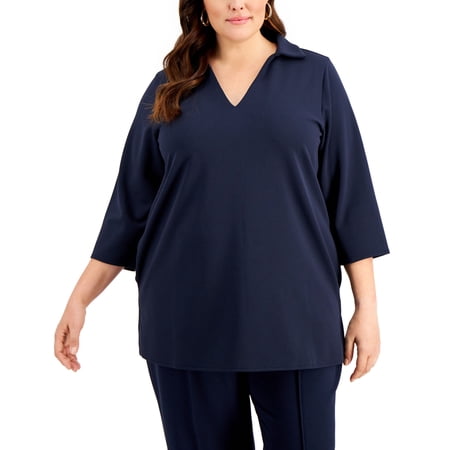Alfani Plus Size 3/4 Sleeve Collared Tunic Top Modern Navy 3X
