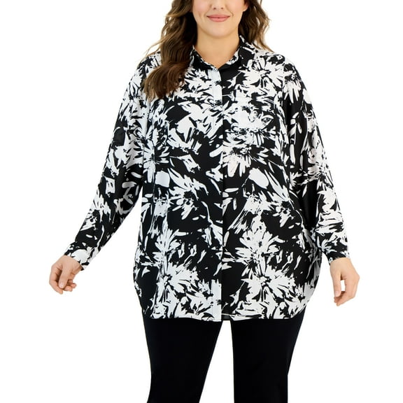 Alfani Plus Size Collared Printed Button Front Tunic Deep Black Floral 3X