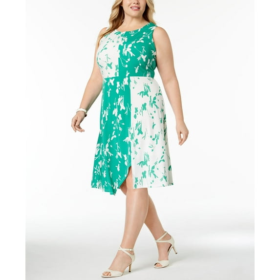 Alfani Plus Size Colorblocked Fit Flare Dress Green 20W
