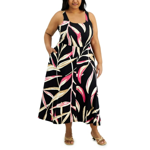 Alfani Plus Size Contrast Floral Dress Black Delineated 0X