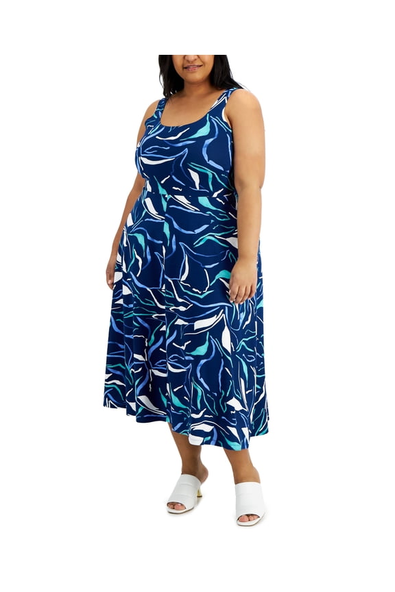 Plus Size Contrast Floral Dress Navy Soft Line 0X