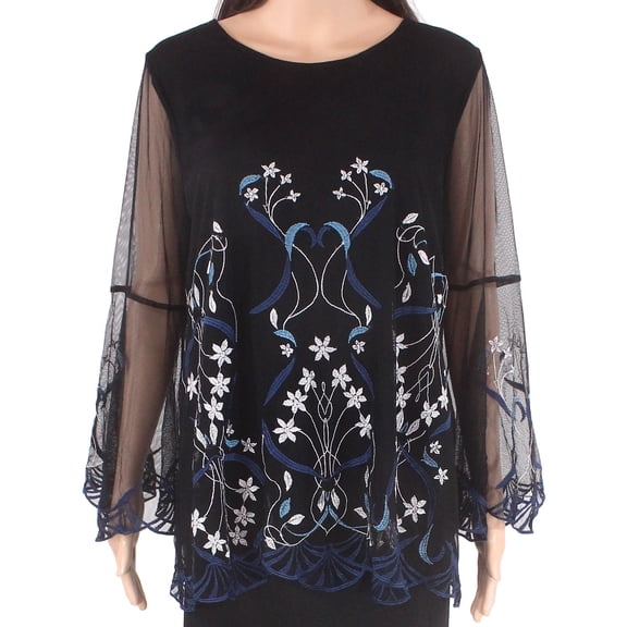 Alfani Women's Plus Size Embellished Bell Sleeve Floral Mesh Top Black Teal Ditsy 0X